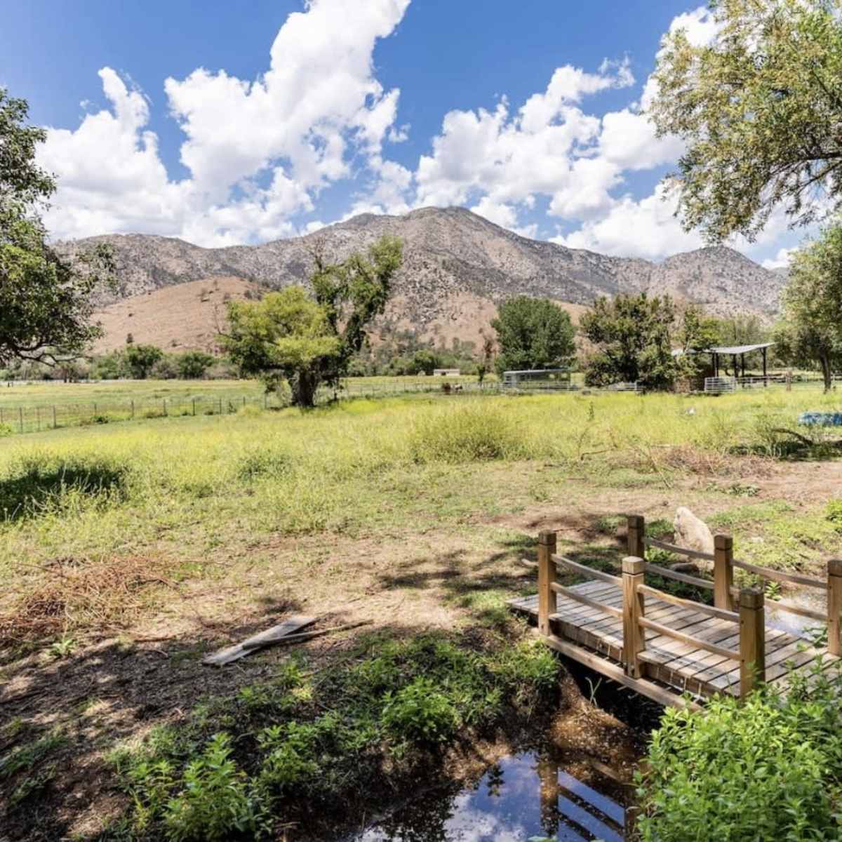 A wooden footbridge spans a shallow stream in a grassy area surrounded by mountains and scattered trees under a partly cloudy sky.