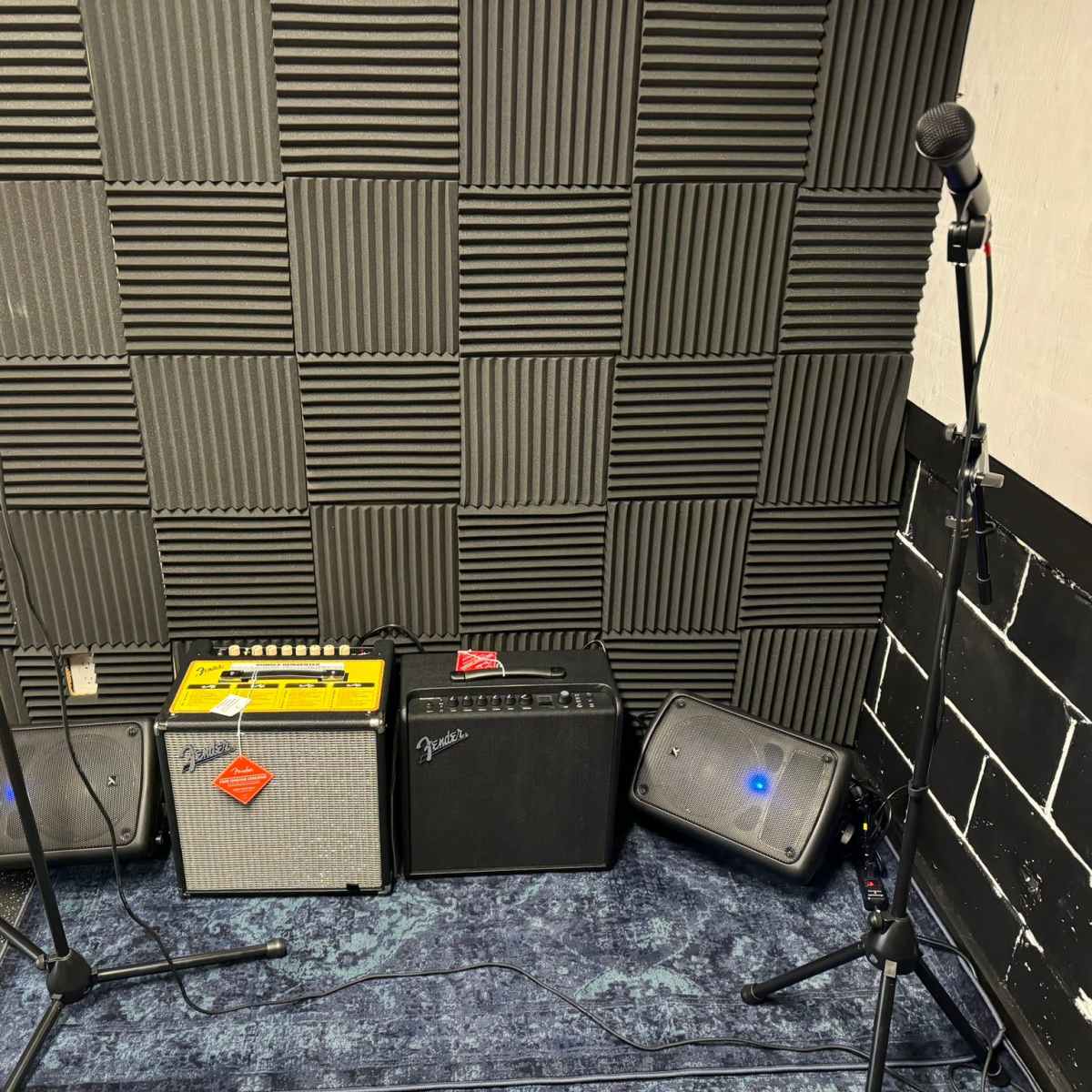 Two microphones on stands positioned next to amplifiers and speakers in a soundproofed room with textured wall panels.