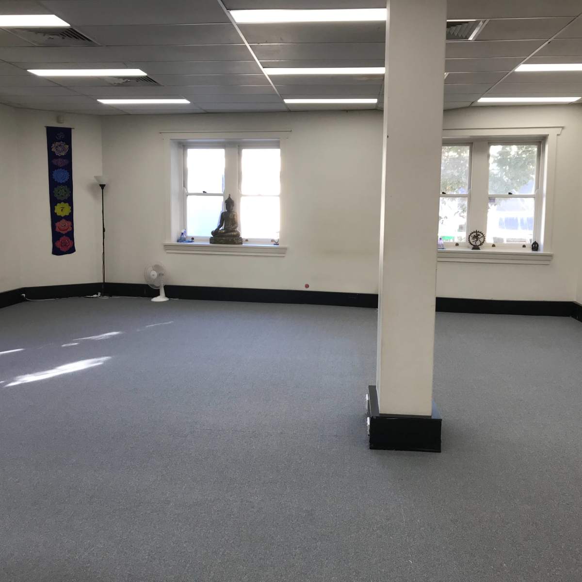 An empty room with gray carpeting, two windows, a fan, a statue, and wall-mounted ropes.