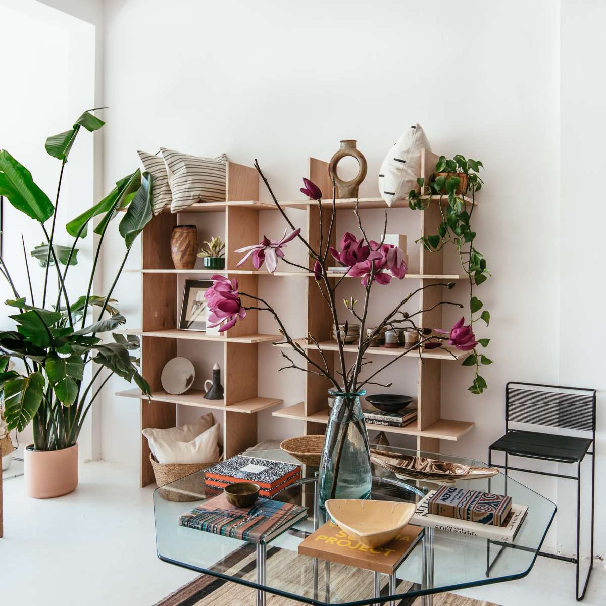 A modern living space features a minimalist shelving unit filled with decor, plants, and a glass coffee table with various items on top.
