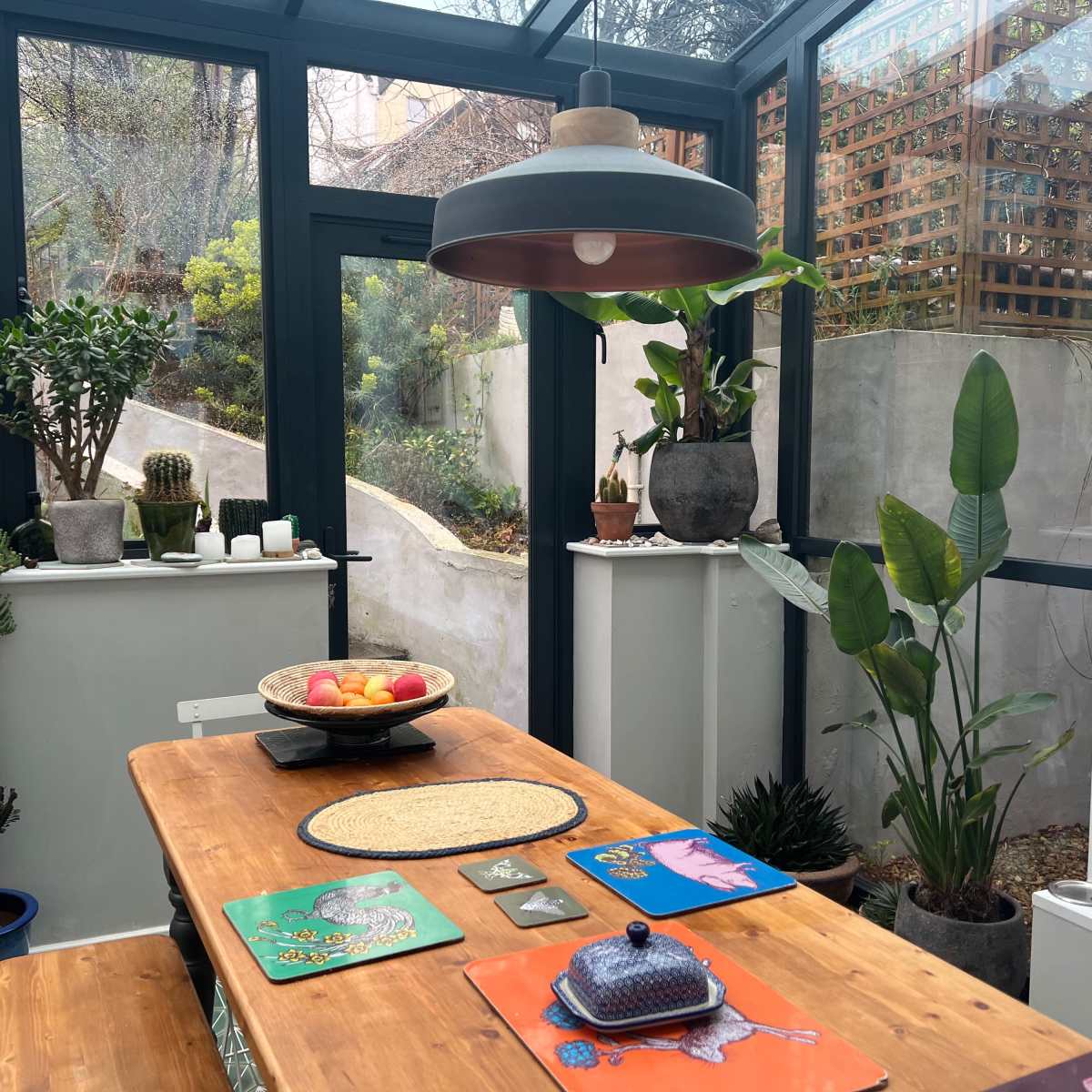 A wooden dining table is set in a sunlit room filled with plants, featuring decorative table mats and a bowl of apples at the center.