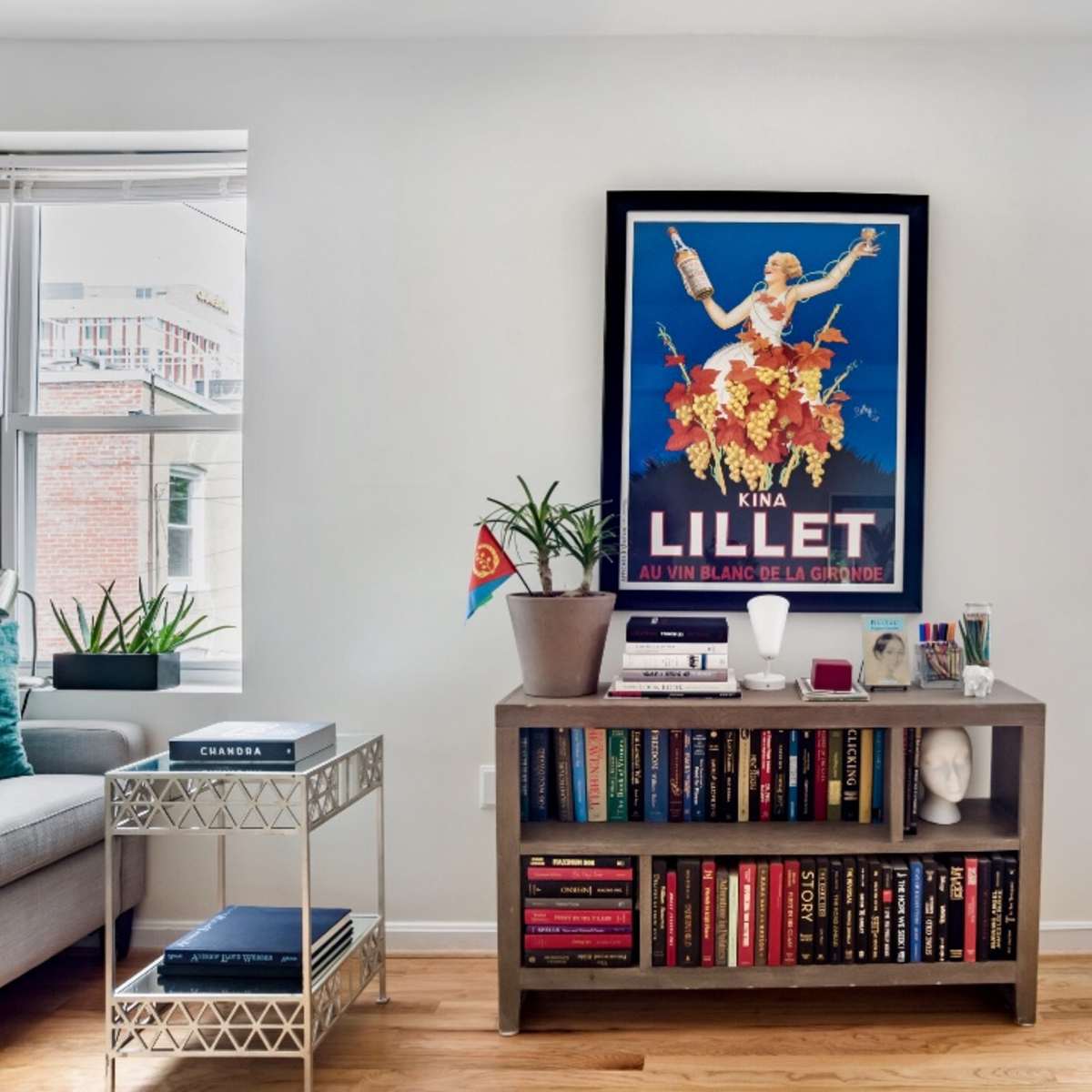 A living room features a bookshelf filled with books, a decorative plant, a telescope, and a vintage poster hanging on the wall.