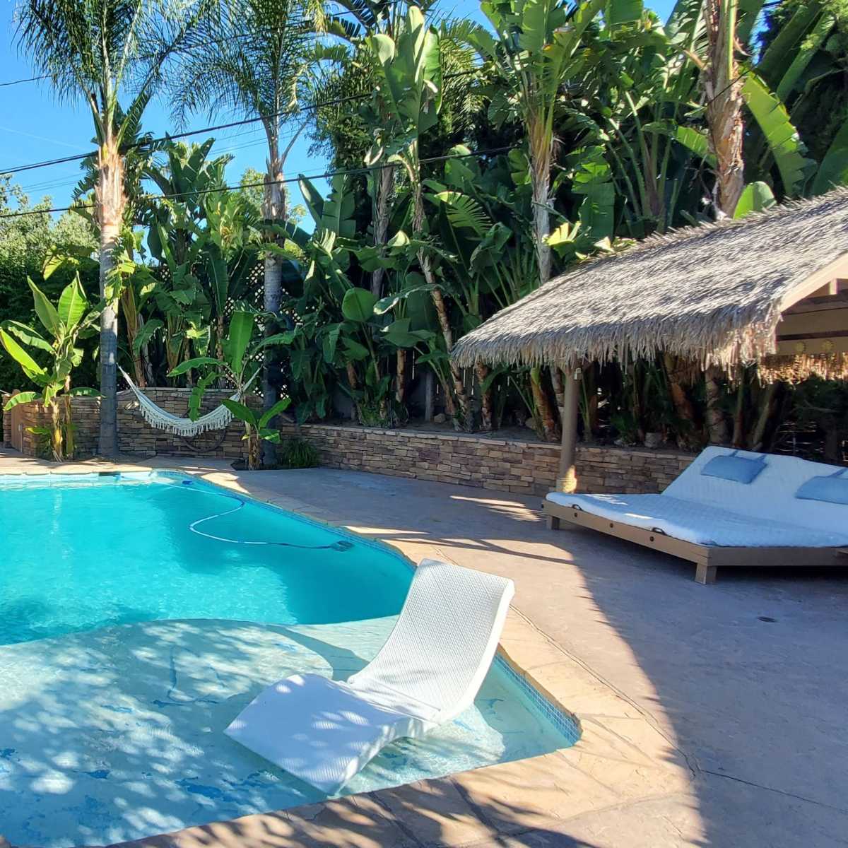 A landscaped backyard with a swimming pool surrounded by palm trees and tropical plants, along with a gazebo and two hammock chairs.