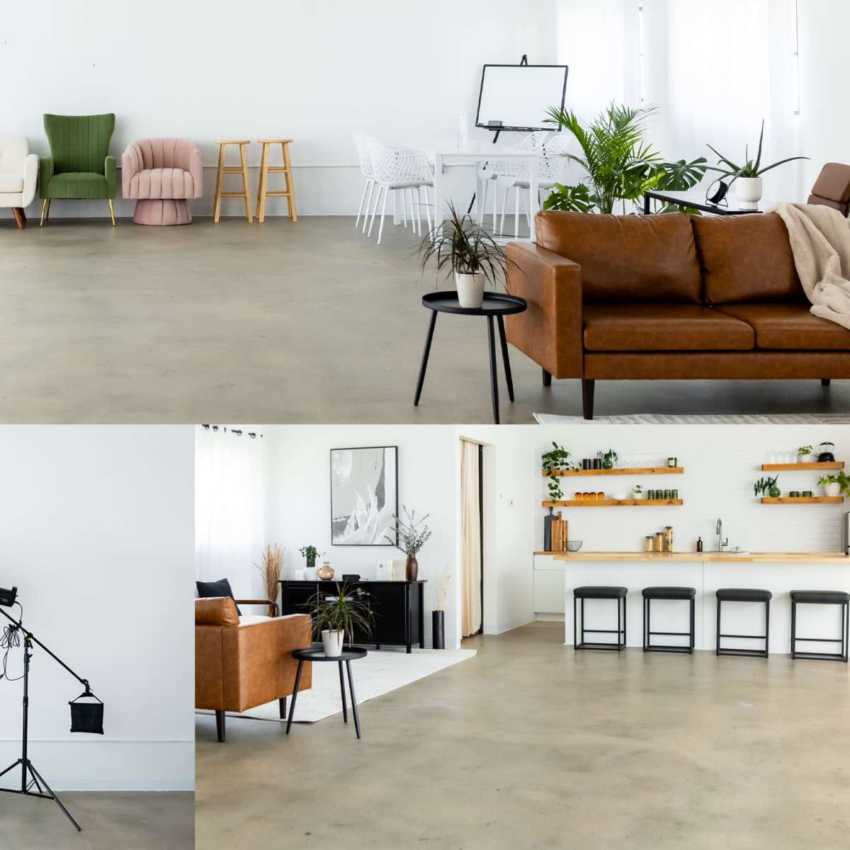 A spacious, well-lit room divided into four sections featuring various furniture arrangements, including couches, chairs, a dining area, and photography equipment.
