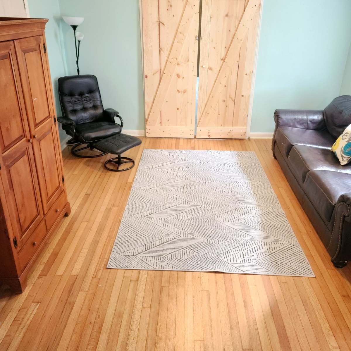 The room features a leather sofa, a black rocking chair, a wooden wardrobe, a patterned area rug, and sliding barn doors against a light blue wall.