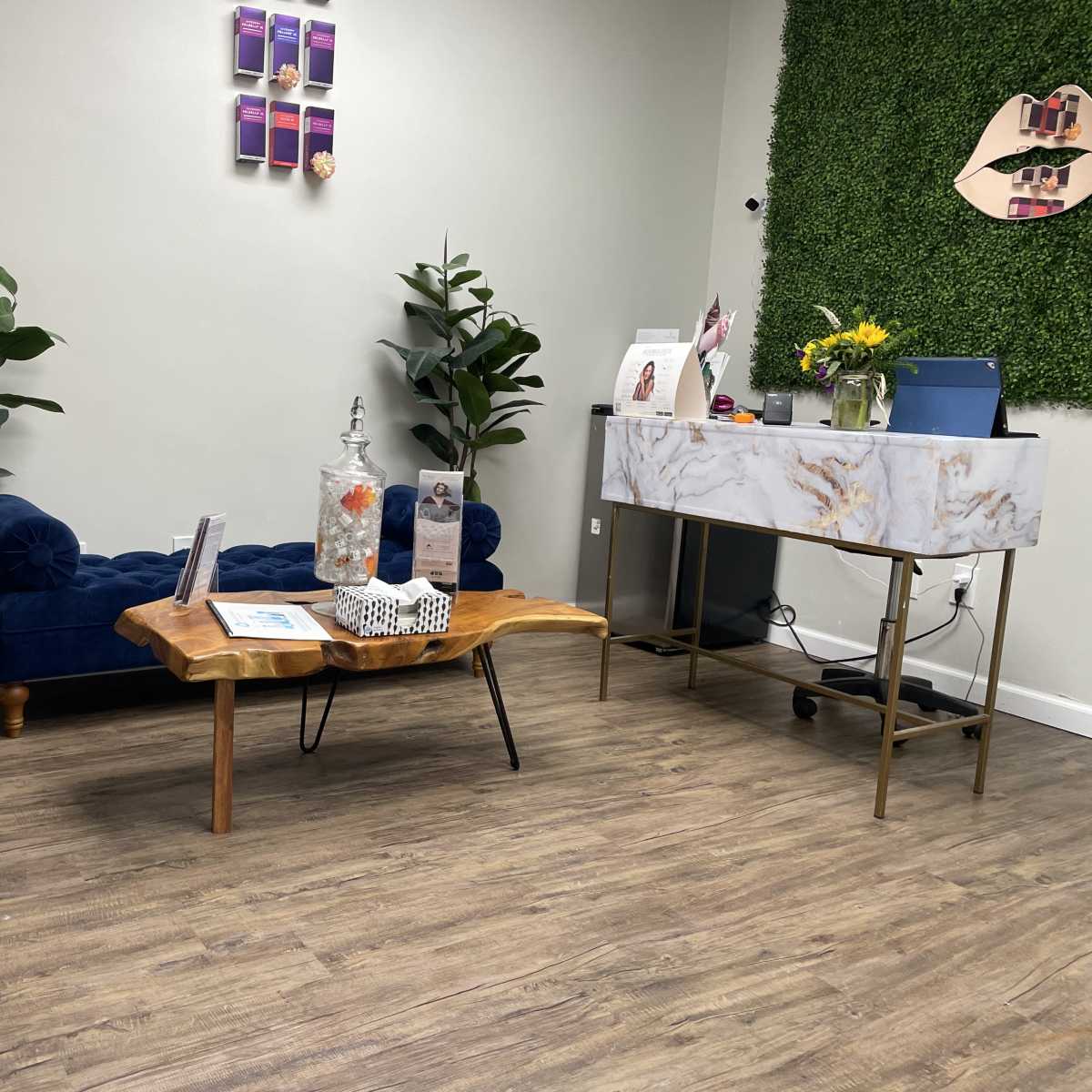 A small, modern waiting area featuring a blue sofa, a wooden coffee table, and a decorative desk against a green wall with artificial plants.
