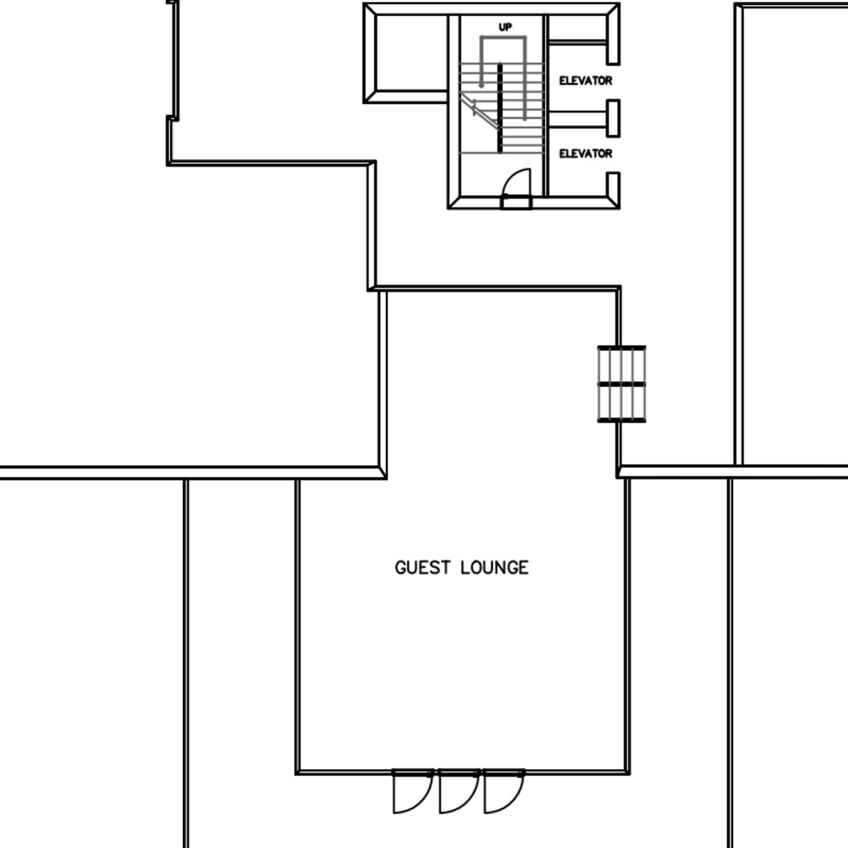 A floor plan showing a layout with a guest lounge, a courtyard, and two elevators positioned near the stairs.