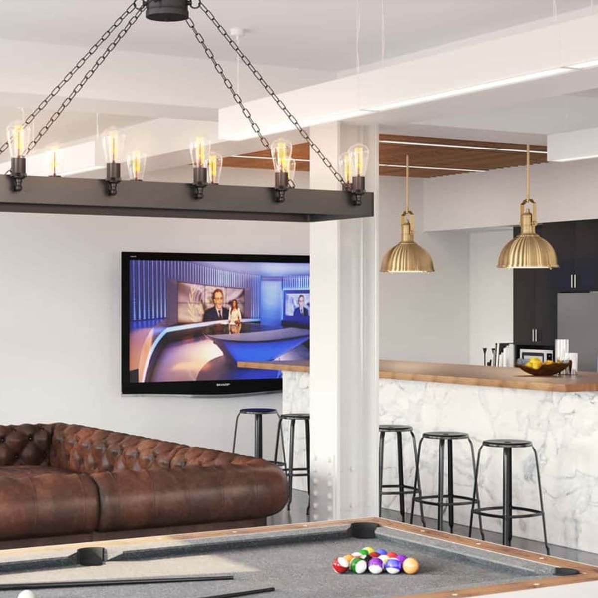 A modern entertainment room features a pool table, a leather sofa, multiple large screens displaying sports, and a sleek kitchen area with bar stools.