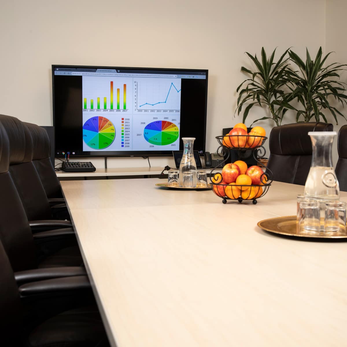 A conference room features a long table with leather chairs, a fruit bowl at the center, and a large screen displaying colorful graphs and charts.