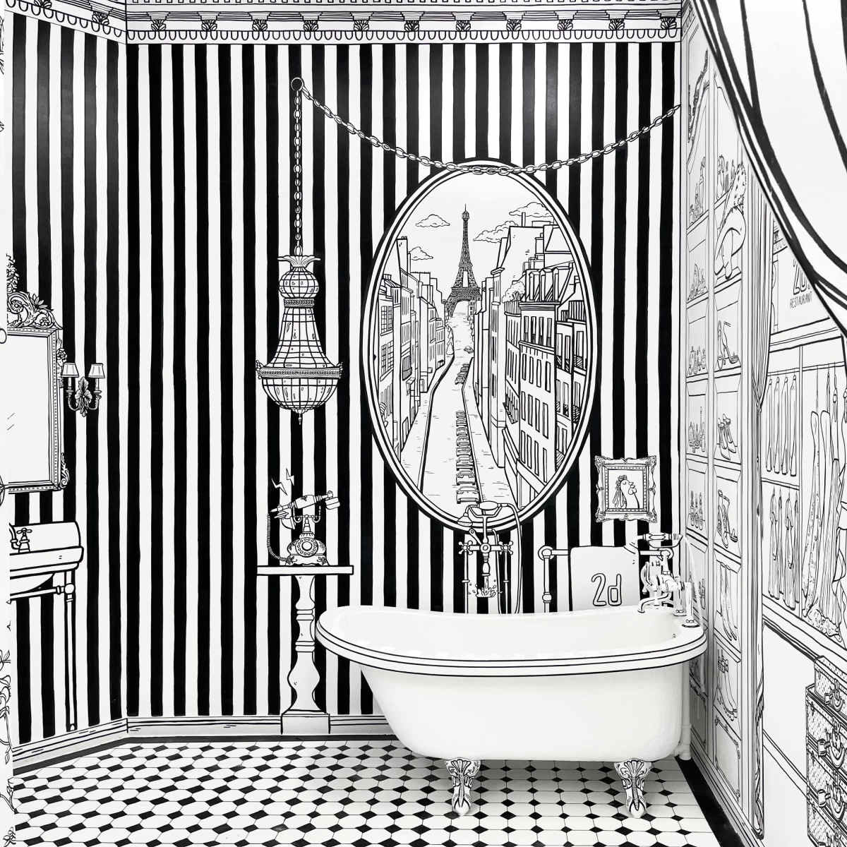 A bathroom features black and white striped walls with an illustrated mirror reflecting a street view, and a vintage bathtub in the center.