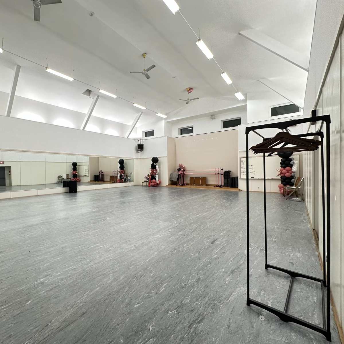 A spacious dance studio with mirrors on one wall, a smooth gray floor, and several decorations in the corners.