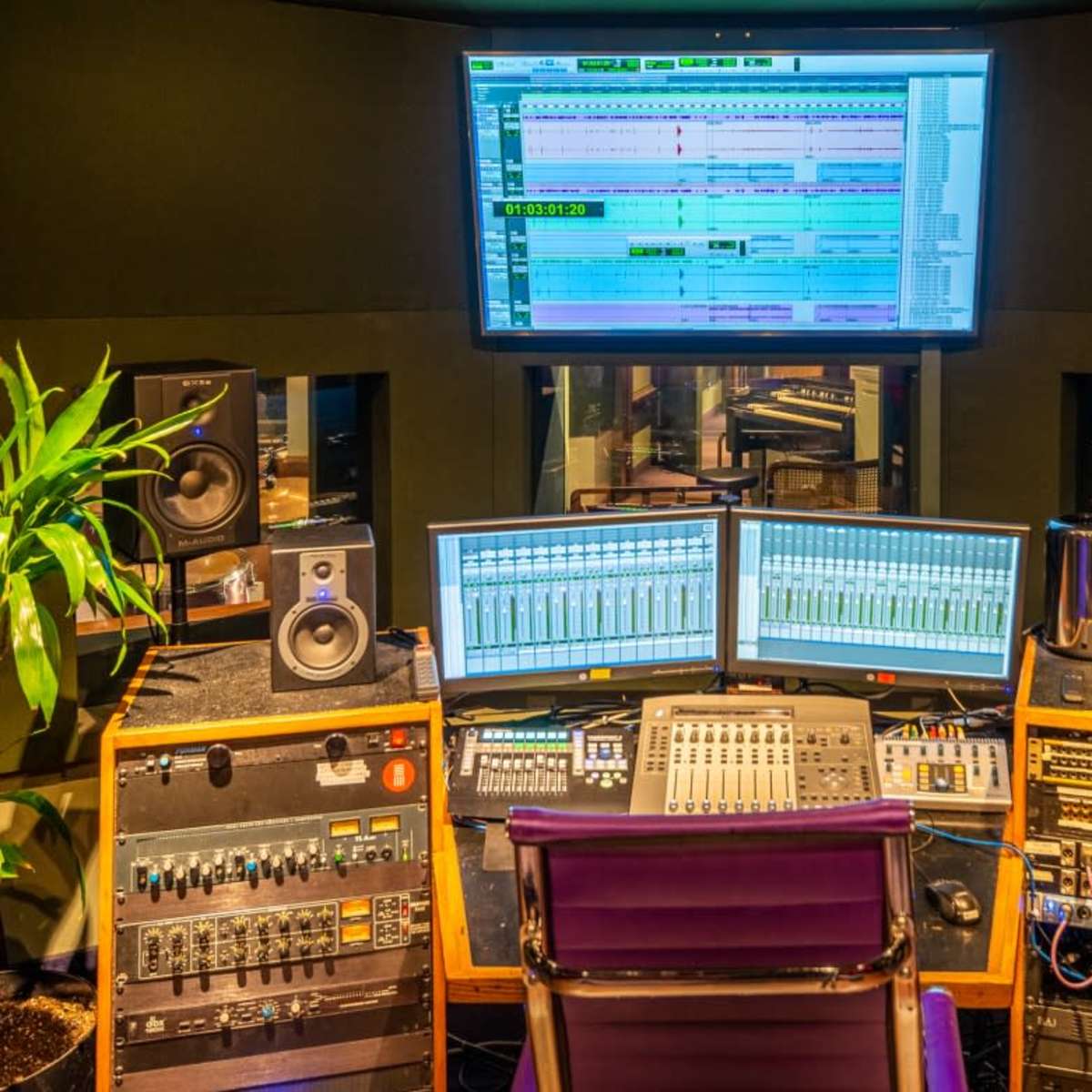 A music production studio with multiple monitors displaying audio tracks, a mixing console, and audio equipment amid indoor plants.