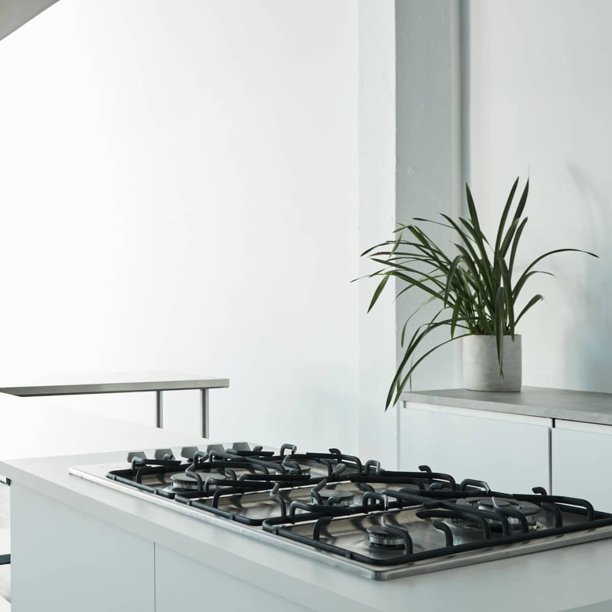 A modern kitchen features a gas stove, a glass-top table, and a potted plant against a blank wall.