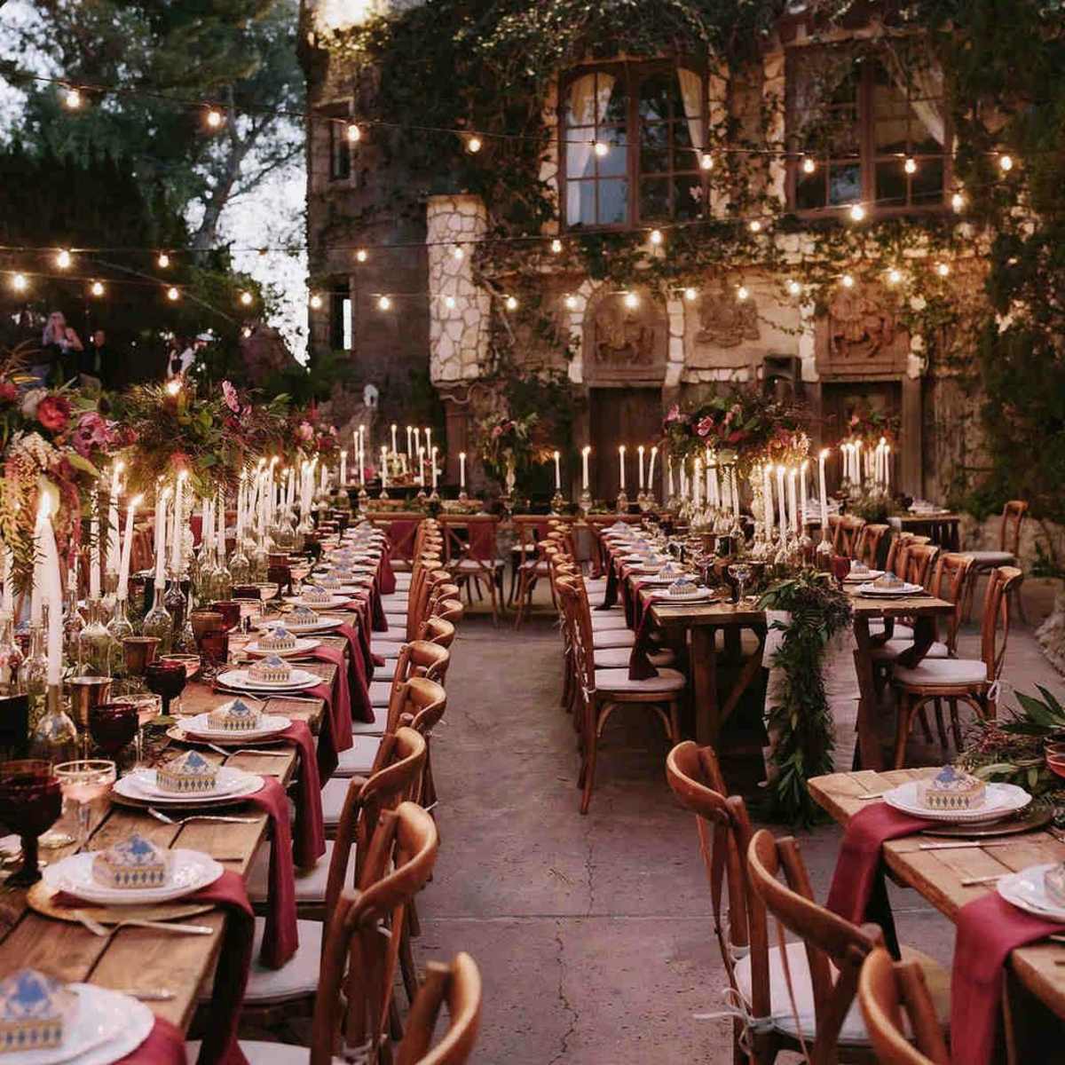 An outdoor dinner setting features long tables adorned with candles and floral centerpieces, illuminated by string lights against the backdrop of a castle-like structure.