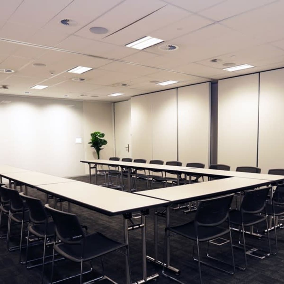 A conference room is arranged with a long table and chairs, flanked by potted plants against the walls.