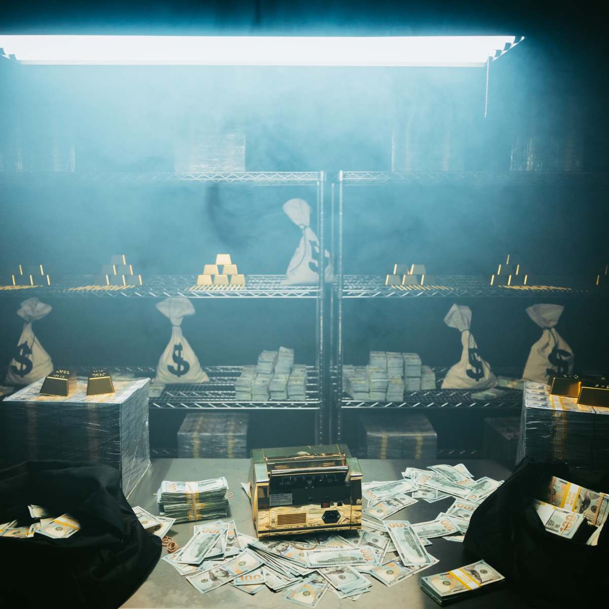 The scene features shelves filled with stacks of cash, bags marked with dollar signs, and gold bars, all shrouded in a foggy atmosphere.