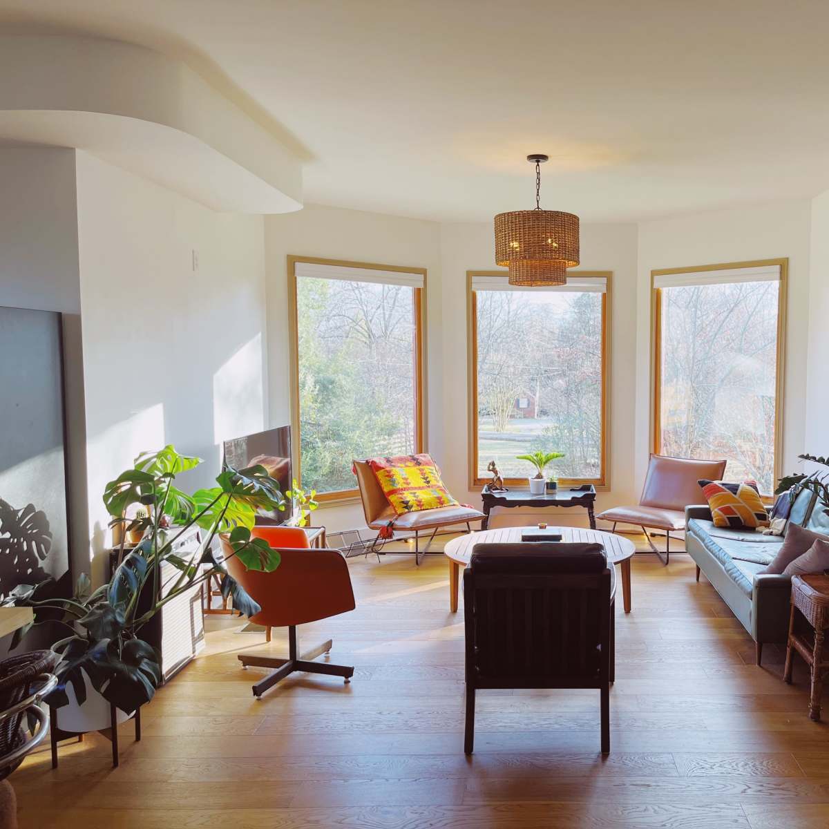 A bright living room with large windows, featuring a mix of seating options, plants, and a coffee table.
