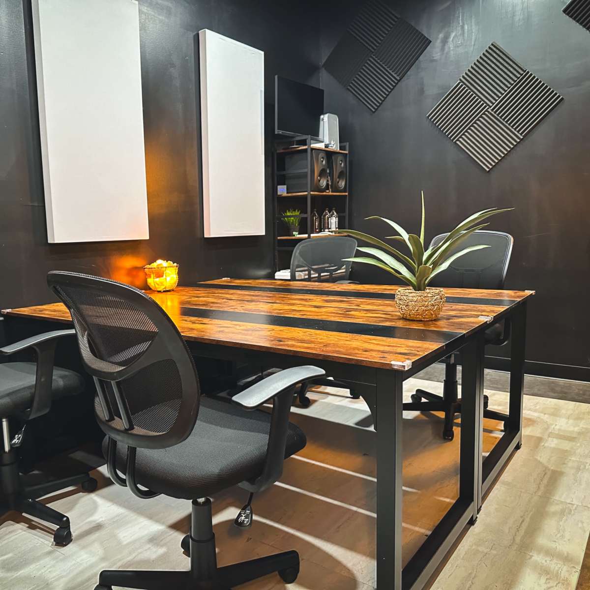 A modern conference room with a wooden table and comfortable chairs, featuring sound-absorbing panels on the walls and a plant centerpiece.