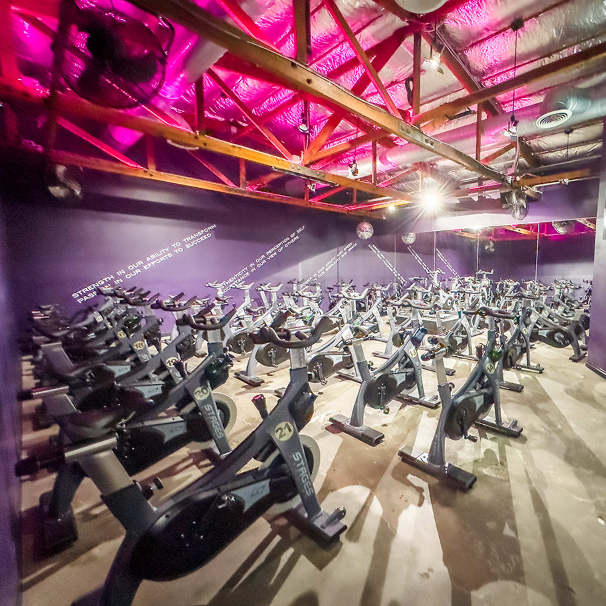 An indoor cycling studio with rows of stationary bikes arranged beneath a ceiling with wooden beams and purple walls.
