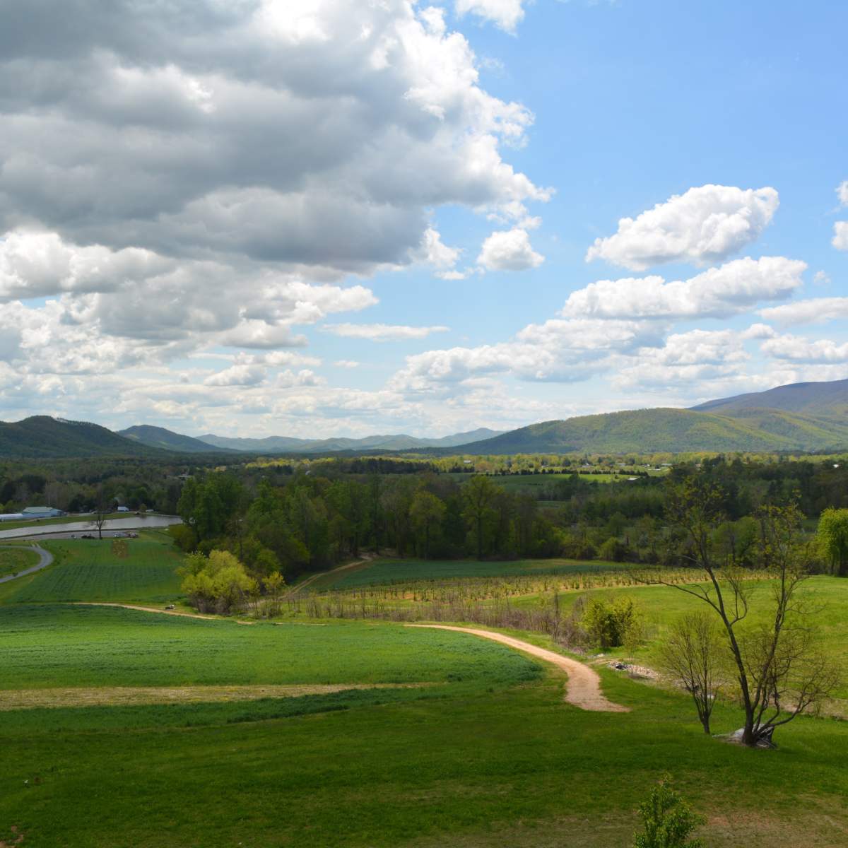 A scenic landscape featuring rolling green hills, a winding dirt path, a river, and mountains under a partly cloudy sky.