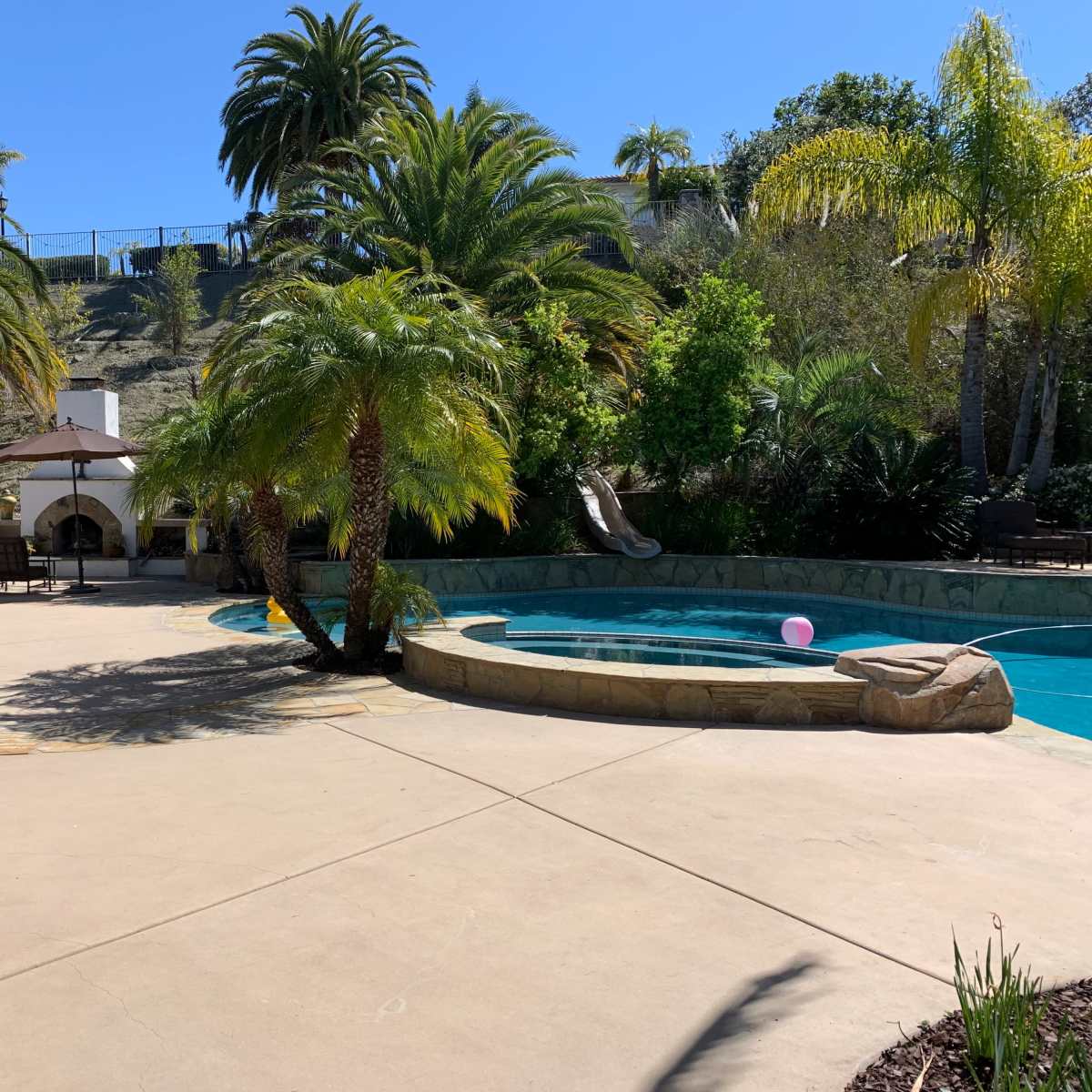 The scene features a swimming pool surrounded by palm trees and a slide, with a concrete patio and a pink beach ball floating in the water.