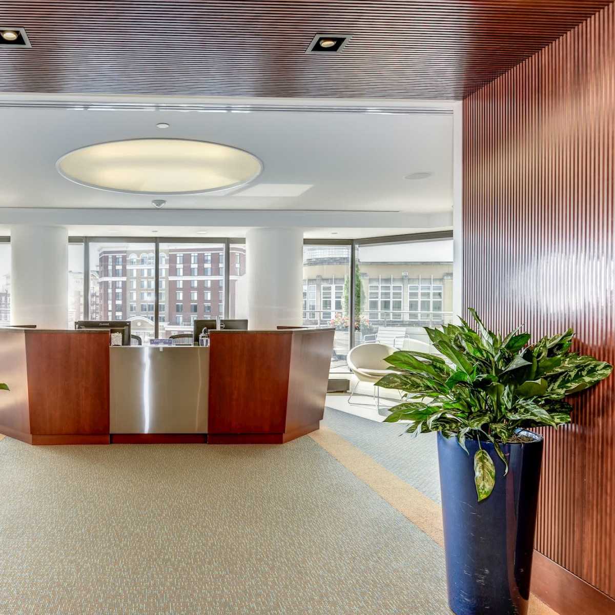A modern reception area with two planters and a front desk, framed by wooden paneling and large windows in the background.