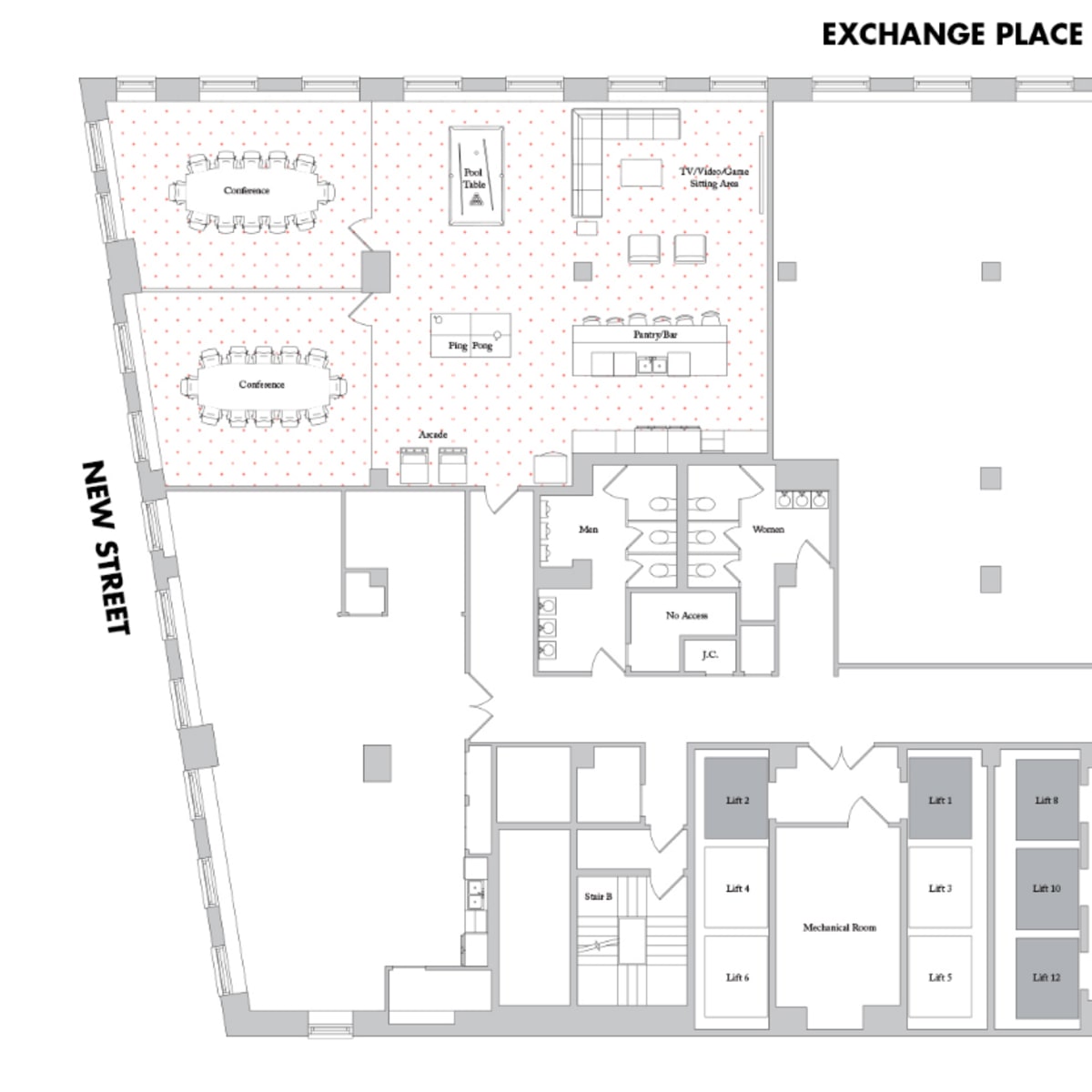 A floor plan labeled "Exchange Place," detailing the layout of offices, meeting rooms, and workspaces.
