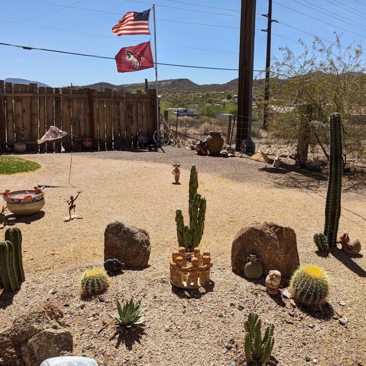 The scene features a desert landscape with cacti, decorative rocks, a small sculpture, and flags flying in the background.