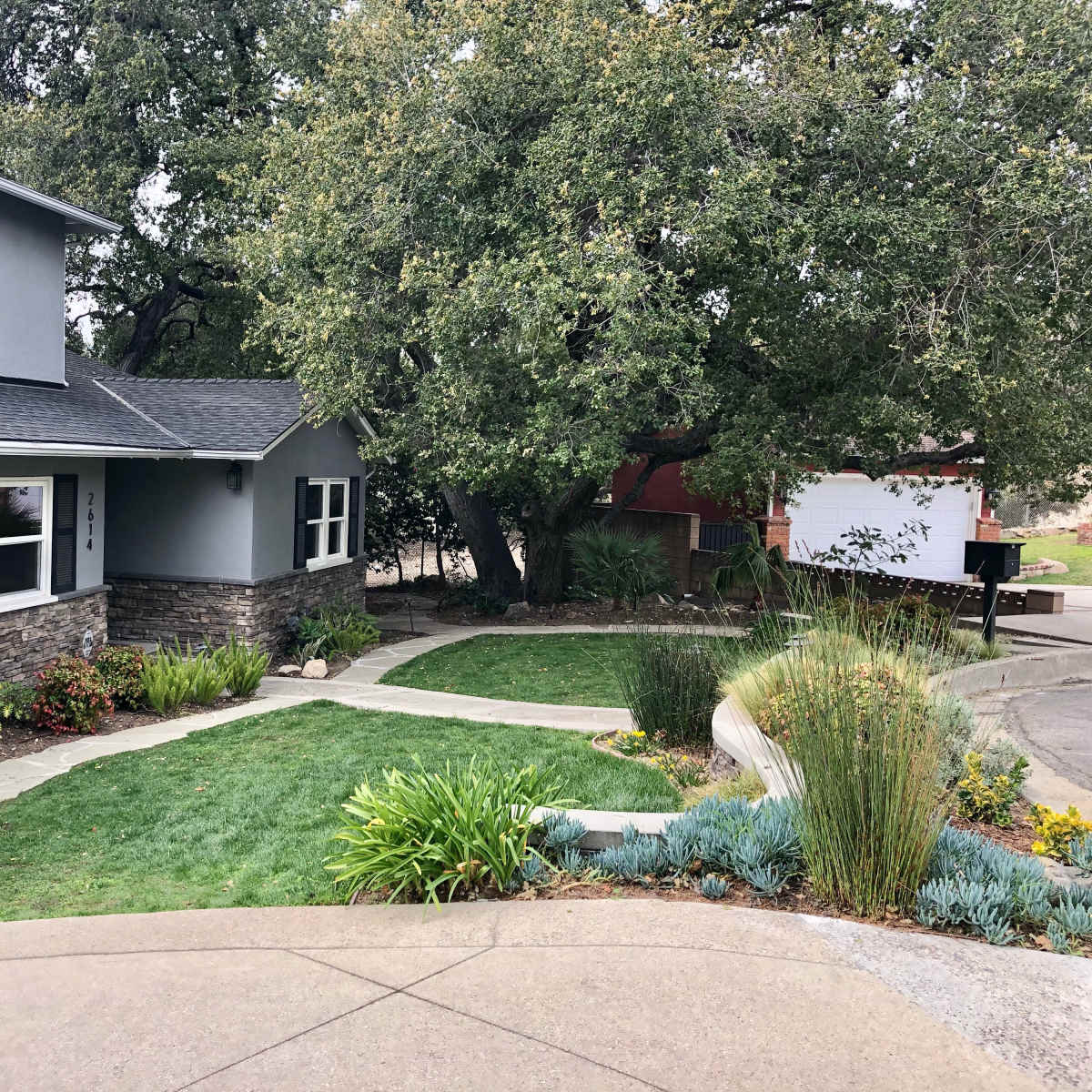 A landscaped front yard features a stone pathway winding past greenery and a house with a gray exterior.