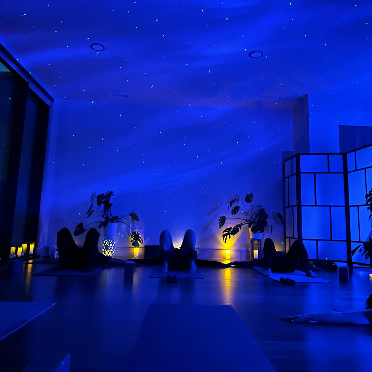 A dimly lit yoga studio with blue lighting and a starry ceiling, where several participants are in a relaxed position on yoga mats.
