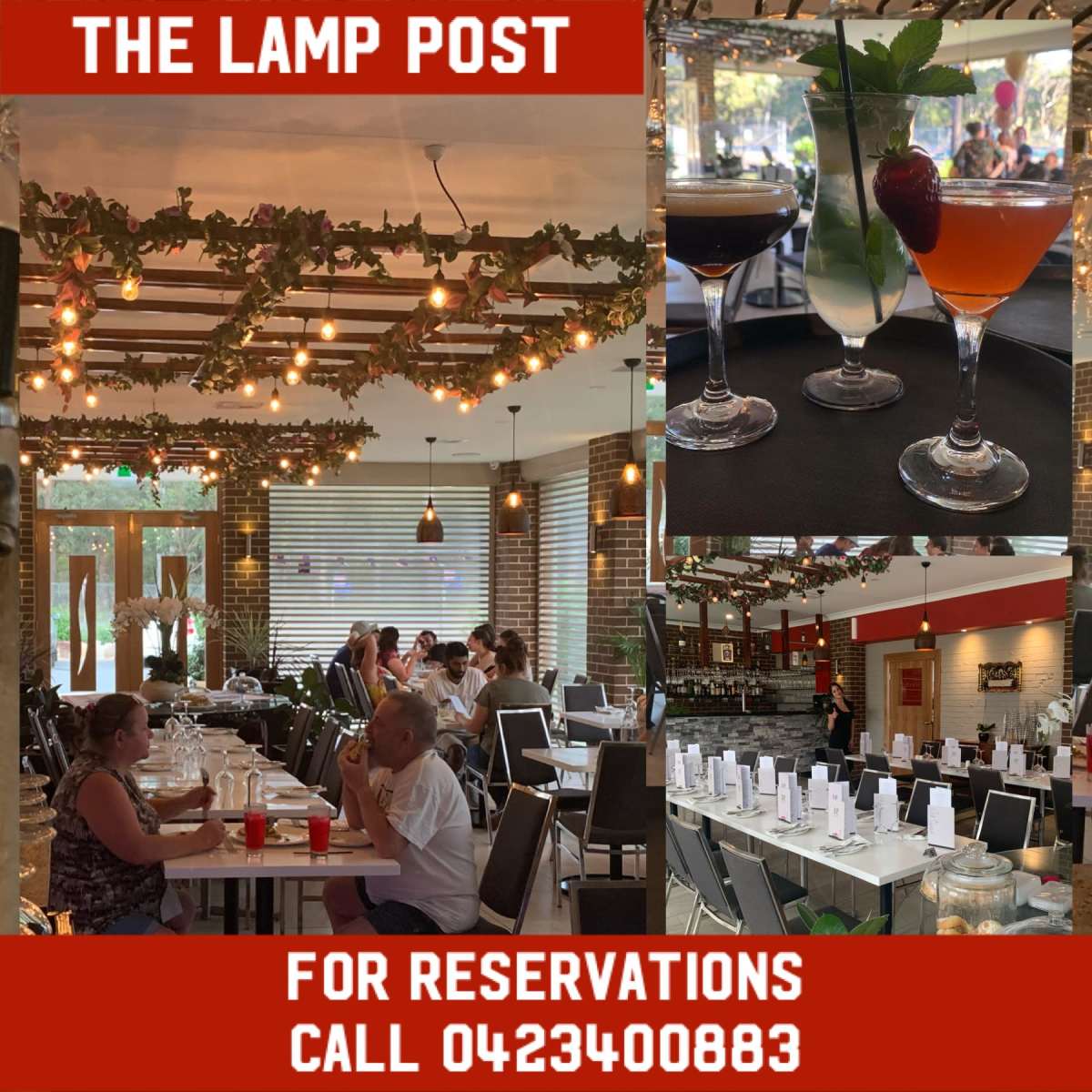 The interior of a restaurant called The Lamp Post, featuring tables set for dining, decorative lighting, and various cocktails displayed on a table.