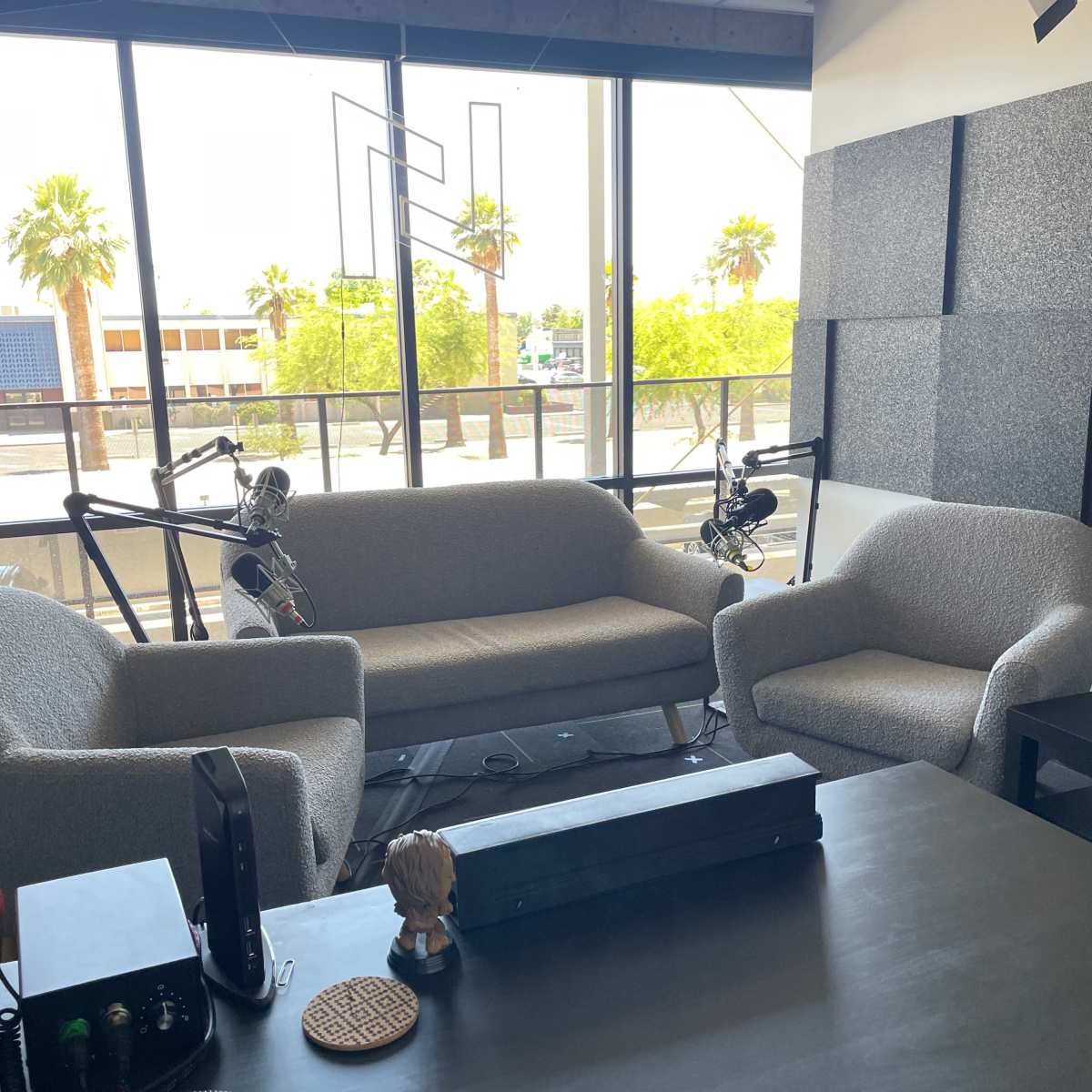 A Podcast Studio Uptown Phoenix 85014, modern set, 2nd flr w/ urban view, min blinds backdrop in Phoenix Image in Camelback East Village, Phoenix, AZ