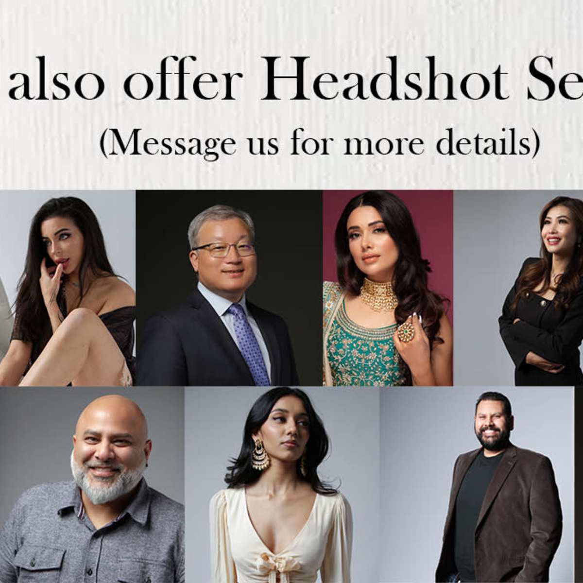 A grid of diverse individuals, each displaying a professional headshot with the text "We also offer Headshot Services" prominently featured at the top.