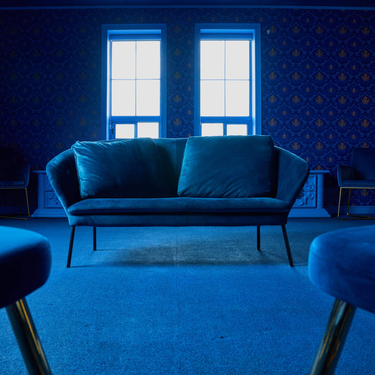 A blue-toned room features a central velvet sofa facing two windows, with two chairs in the background.