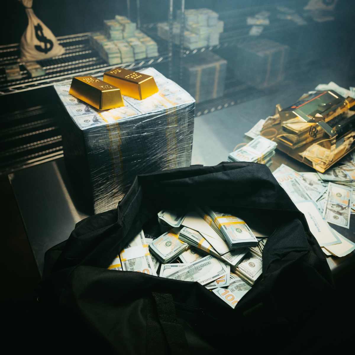Stacks of cash and gold bars in a dimly lit room, with bags containing money on shelves in the background.