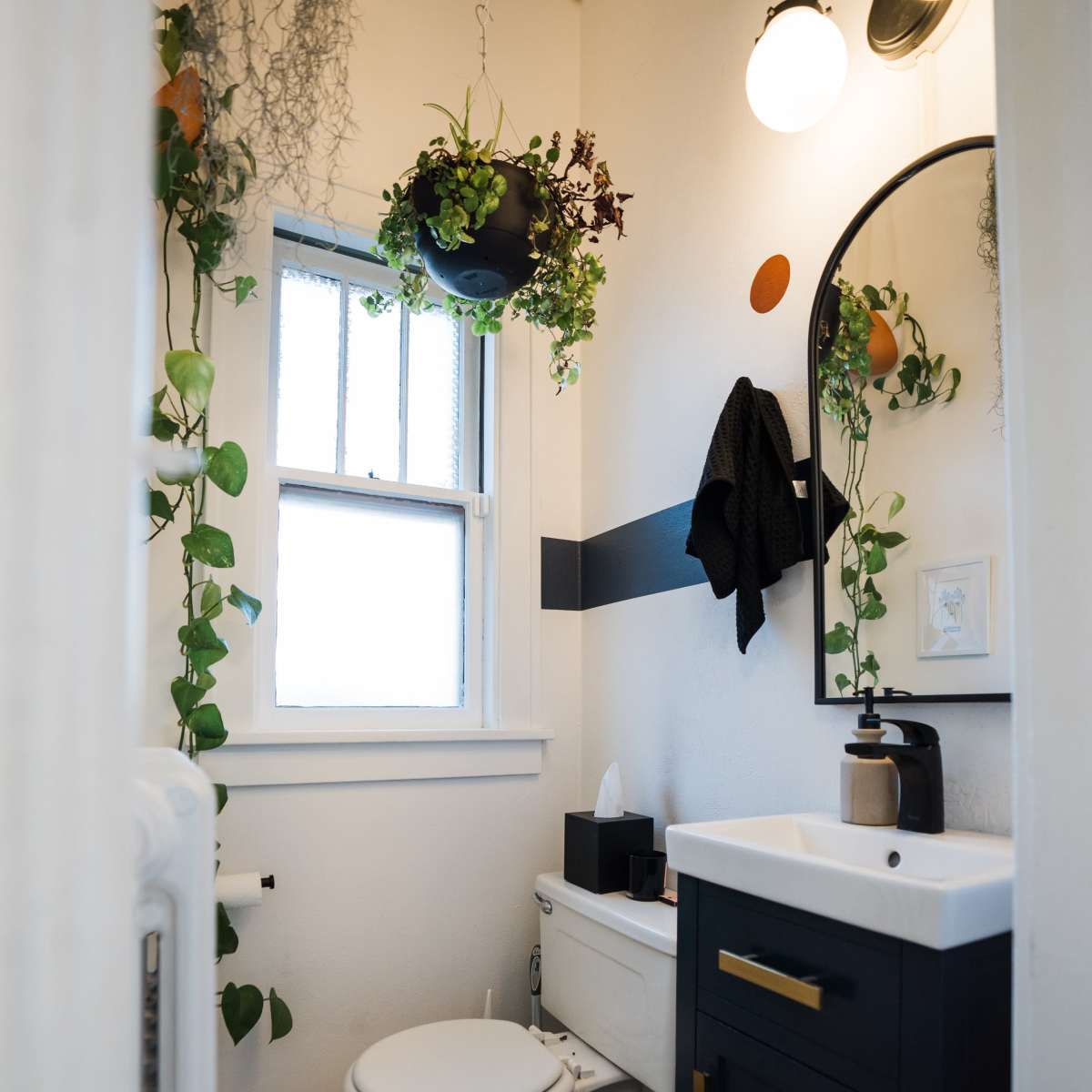 A small bathroom featuring a white toilet, a dark cabinet with a sink, and plants hanging near a window.