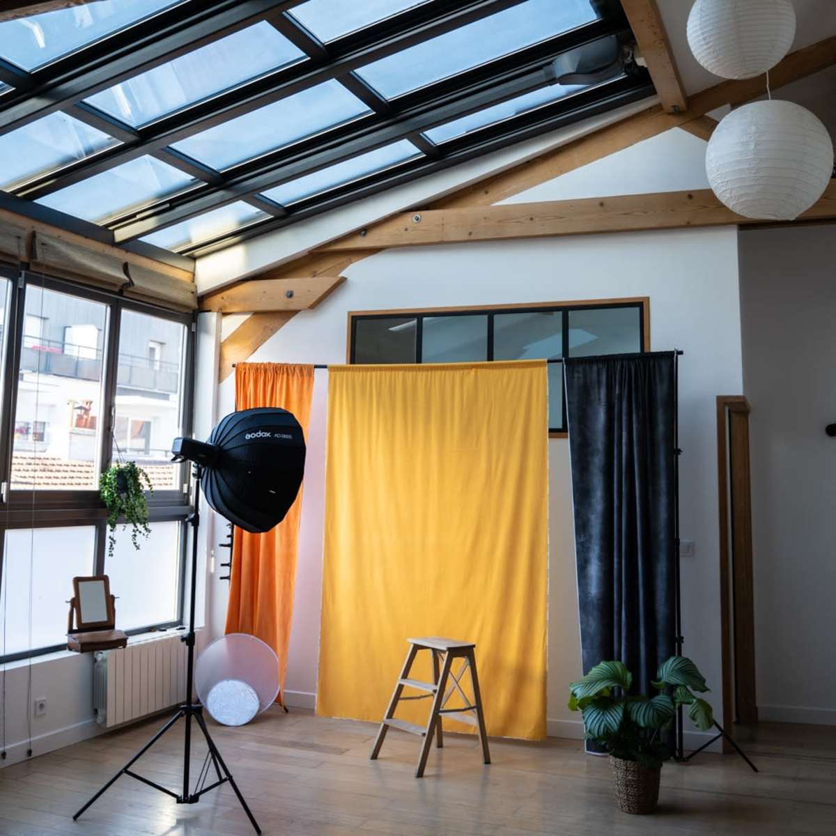 A photography studio features a high ceiling with large windows, two colored backdrops, a lighting setup, a stool, and a potted plant.