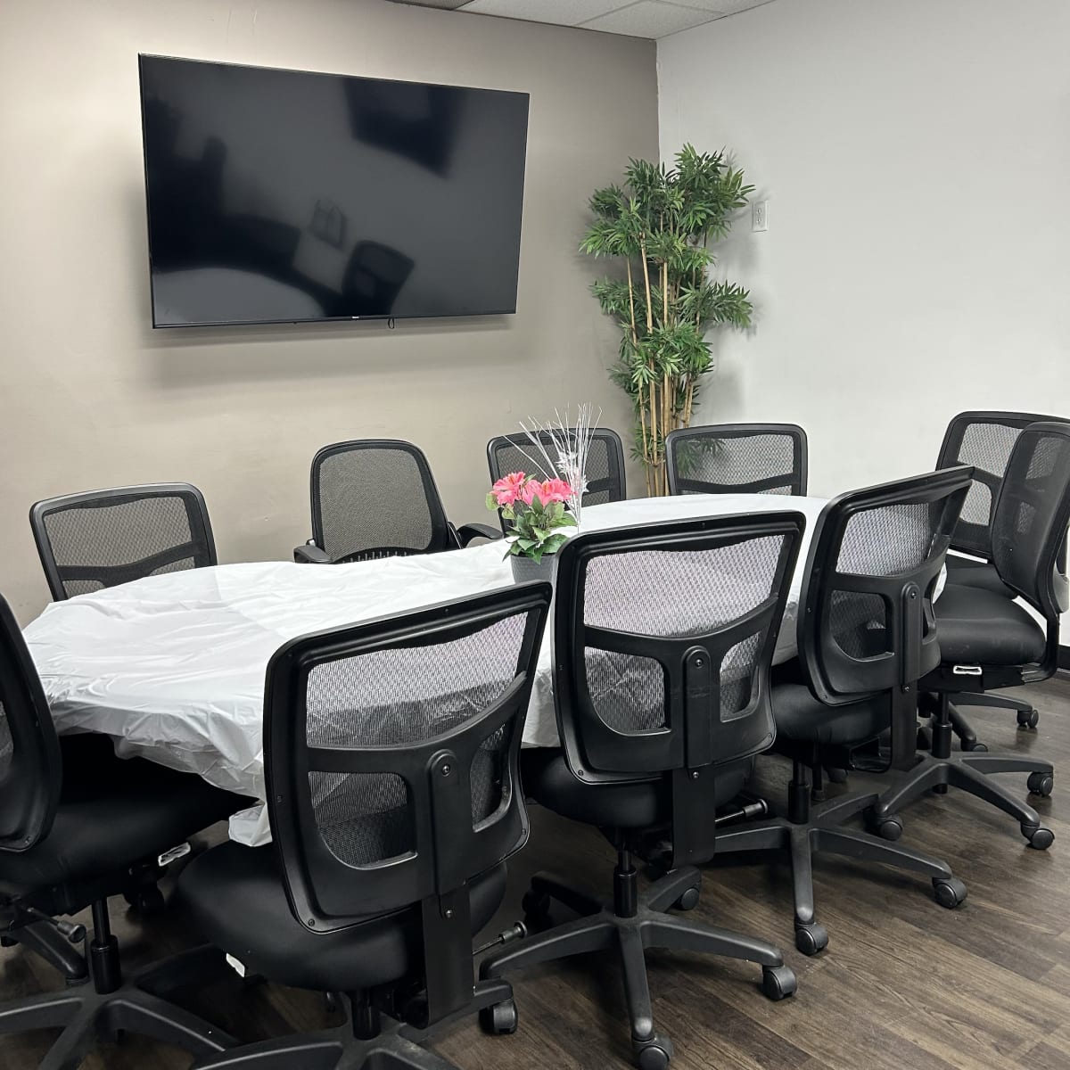 A conference room features a long table surrounded by office chairs, equipped with a large wall-mounted television and a potted plant.