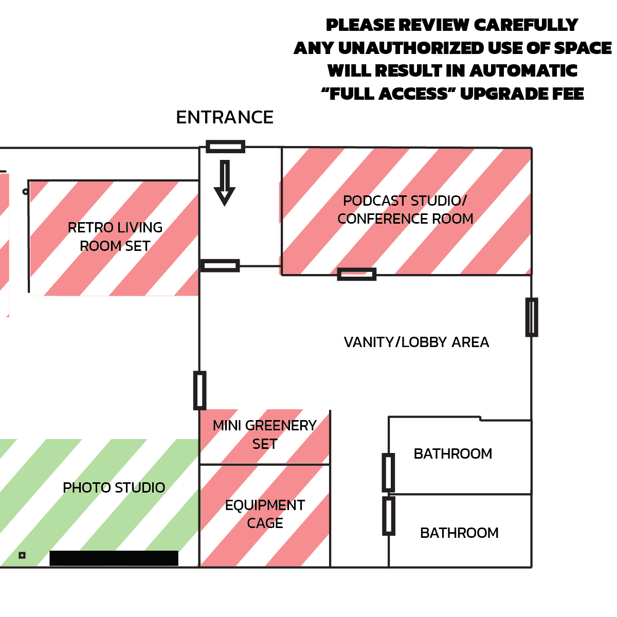 The diagram shows a floor plan of a rental space, indicating areas included and not included with rental in red and green.