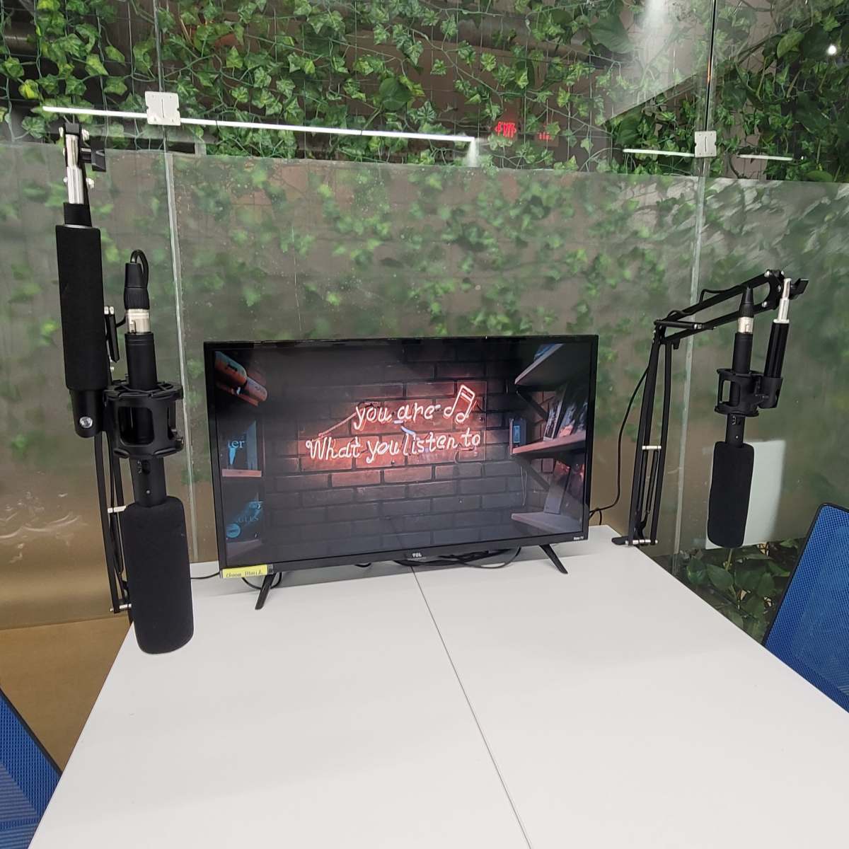 A television displaying the text "You are what you listen to" is mounted on a wall, flanked by two microphones on adjustable arms, in a room with green plants.