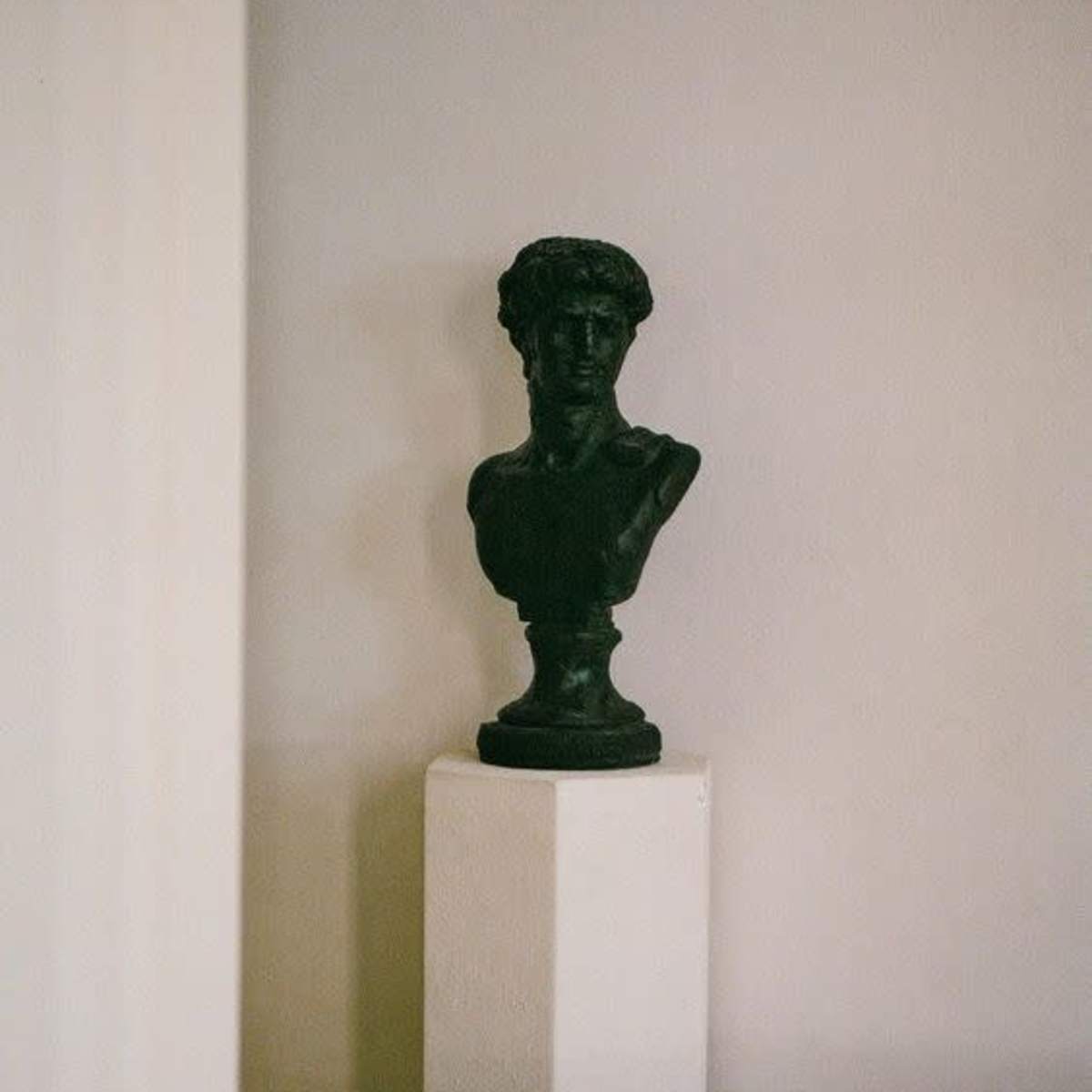 A black bust sculpture rests on a white pedestal against a light-colored wall.