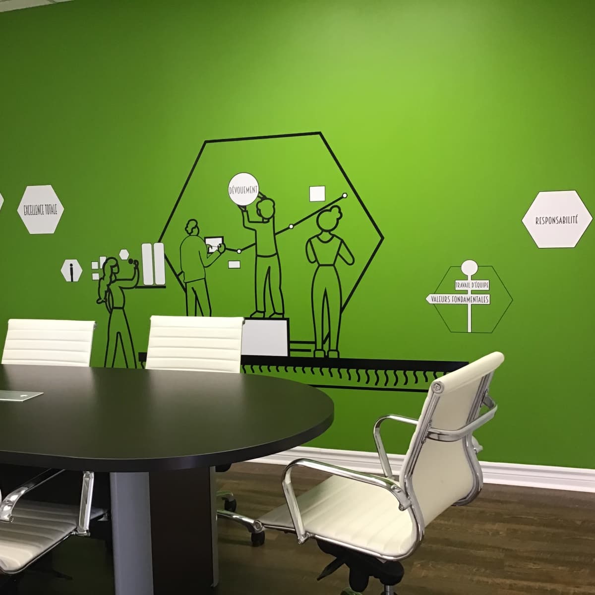 A modern conference room with a round table and white chairs, featuring a vibrant green wall adorned with illustrations of people working and hexagonal labels with words like "dynamic" and "responsible."