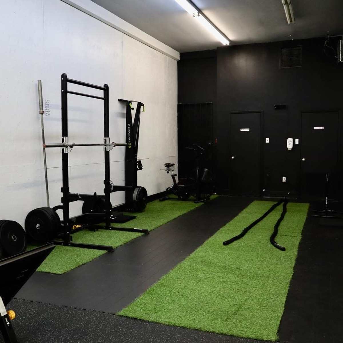 A gym interior with exercise equipment, including weights, a squat rack, and ropes, situated on artificial grass flooring.
