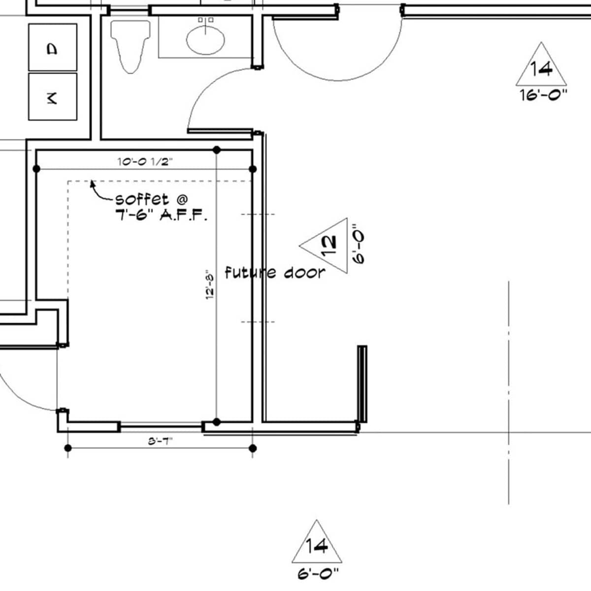 A floor plan showing the layout of a room with dimensions and a designated area for a futile door.