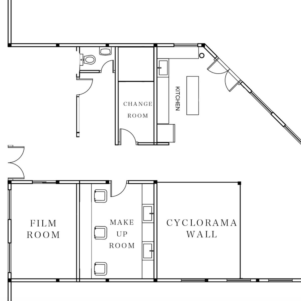 A floor plan of a content production studio labeled "Bank Studios," featuring designated areas such as a kitchen, change room, film room, makeup room, and a cyclorama wall, spanning 4,000 square feet.