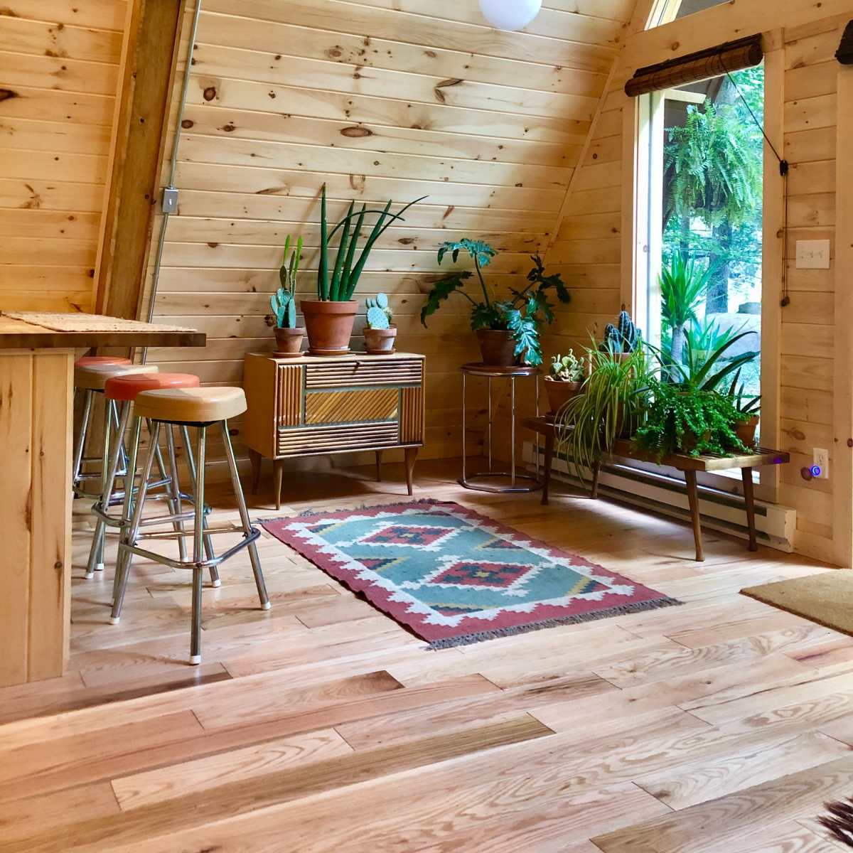 A cozy interior of a wooden cabin with large windows, showcasing various indoor plants and a patterned rug on a wooden floor.