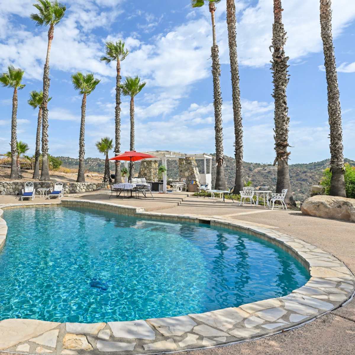 A swimming pool is surrounded by palm trees and stone pathways in a hillside setting.