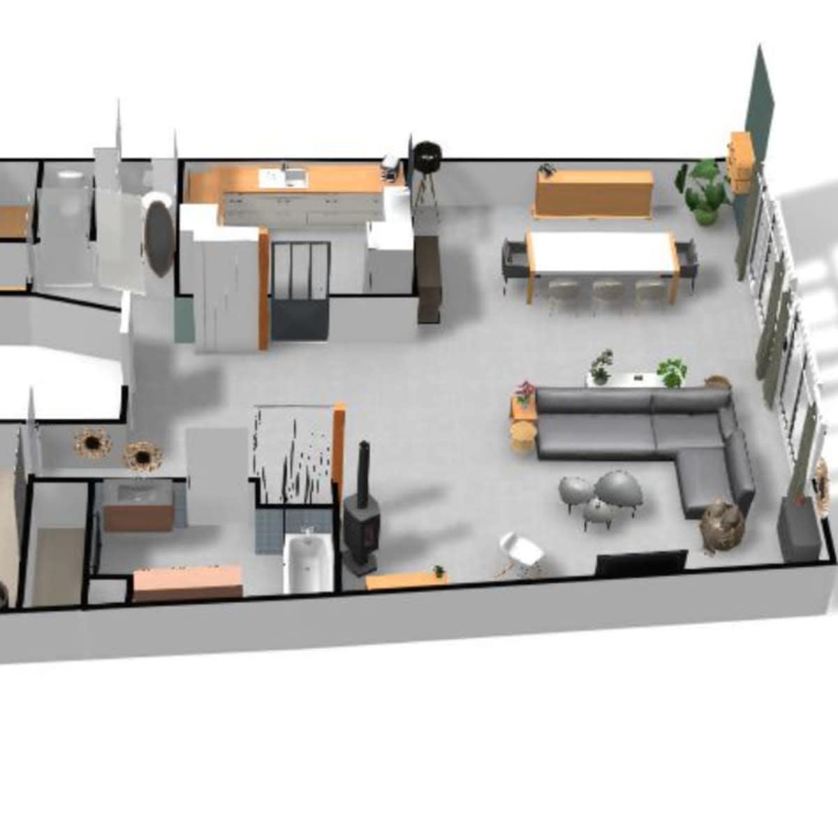 A floor plan of a modern apartment, featuring distinct areas for a living room, dining area, kitchen, and two bedrooms.