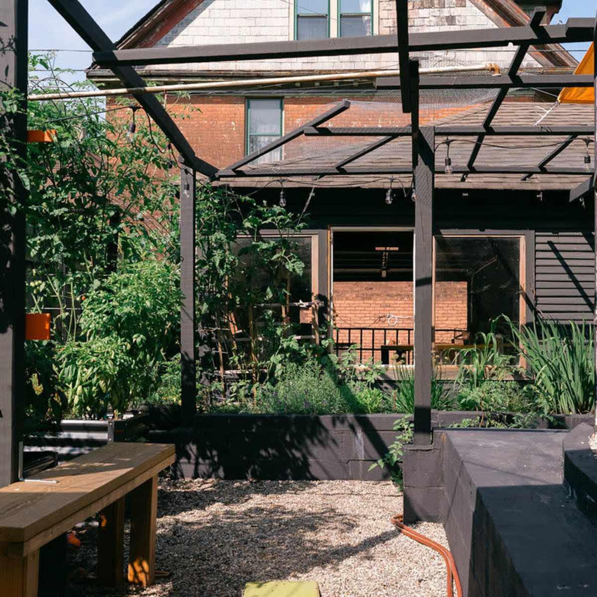 A backyard garden with raised planters filled with plants, a wooden bench, and a view of a house with large windows.