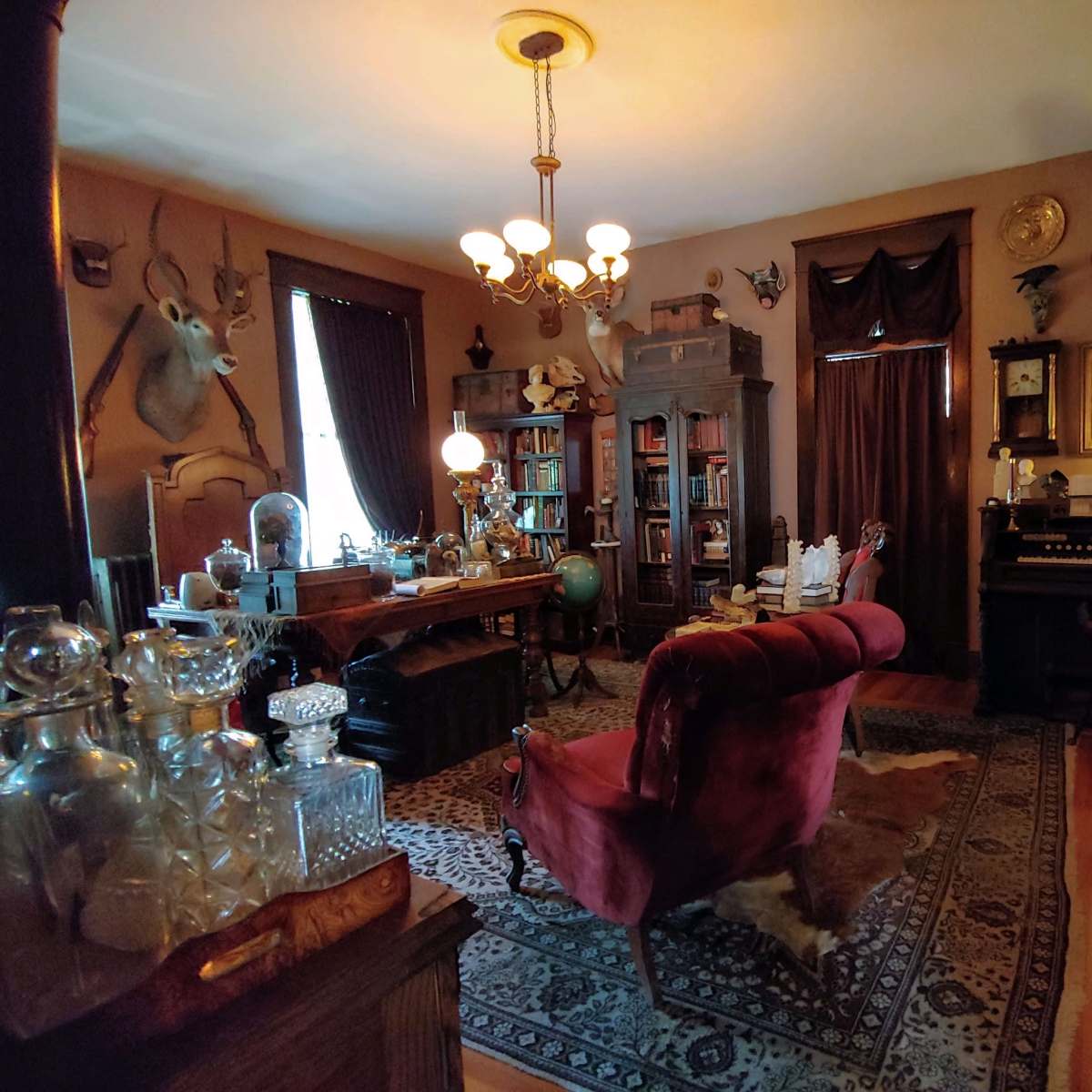 The room features vintage furniture, a bookshelf filled with books, and various mounted animal heads on the walls, illuminated by several lamps.